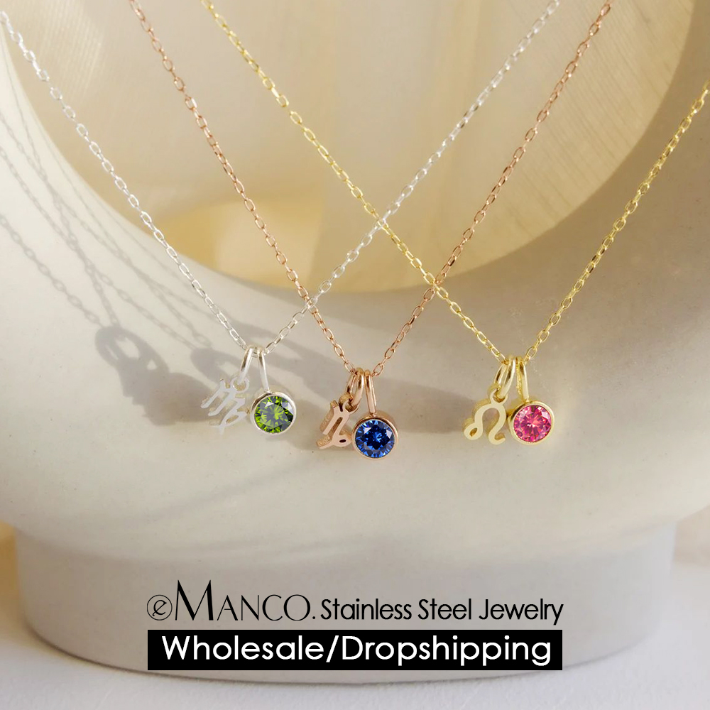 Birth Flower Necklace - EMANCO バースストーン コンステレーション ダブルペンダントネックレス 12ジルコニア ステンレススチール